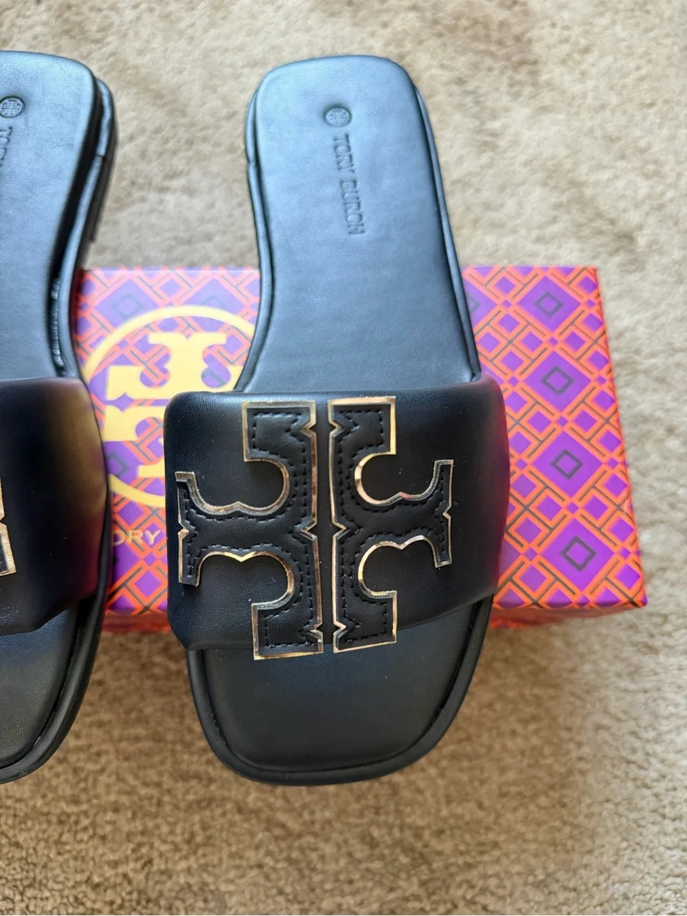 Tory Burch Black Slide Sandals with Gold Logo Accent